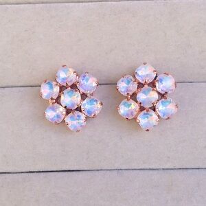 White Opal Aurora Borealis + Rose Gold Crystal Flower Earrings